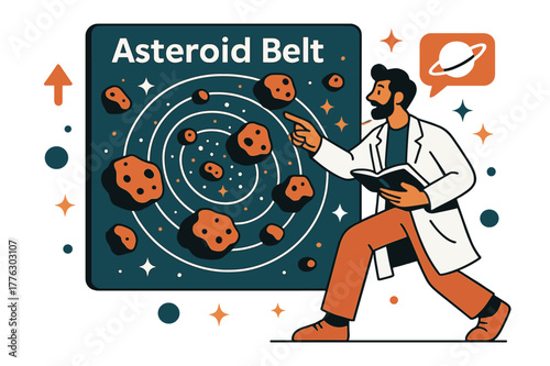 Asteroid Mapping Scene. Asteroid belt studies. Astronomer pointing at asteroid belt map with abstract floating asteroids, orbit paths, and sparkles; emphasizes