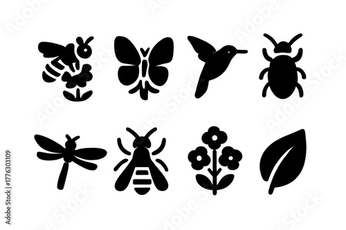 Pollinators Icon Set. Pollinators and plants. Filled icon set of pollinators and plants: honeybee on flower,