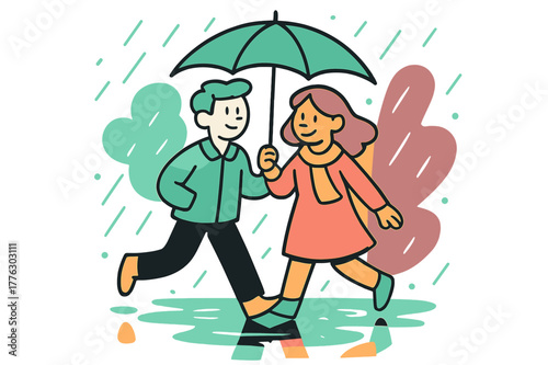 Rainy Day Stroll. Rainy Walk. Two characters share an umbrella in a gentle drizzle, their reflections shimmer