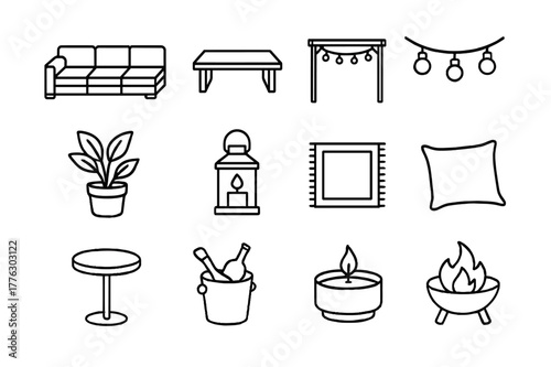 Outdoor Lounge Icons. Outdoor Lounge. Line icon set of Outdoor Lounge: sectional sofa, coffee table, pergola, string lights, potted plant, lantern, outdoor