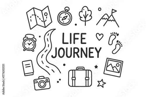 Life Journey Doodle. Life Journey. Hand-drawn doodle illustration of Life Journey. road, map, compass, photo,