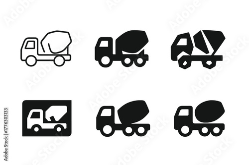 Concrete Truck Logos. Concrete truck drivers delivering materials to sites. Set Logo of concrete mixer truck side profile: Minimal outline, Filled silhouette,