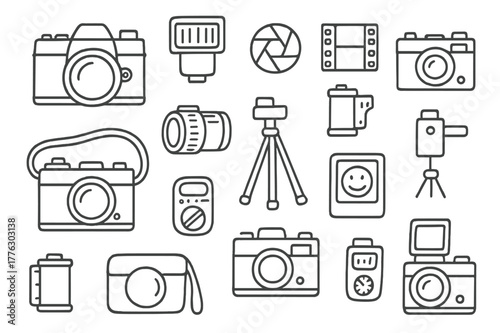 Vintage Camera Icons. Old cameras. Hand-drawn doodle illustration old cameras film camera, lens, flash, tripod, photo roll, negative strip, polaroid, strap,