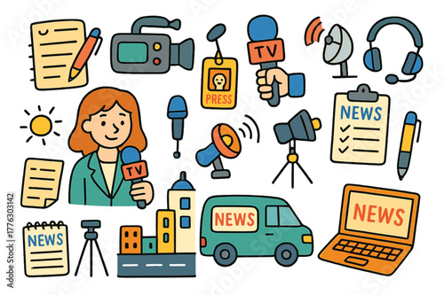 Journalism Doodle Icons. journalism coverage. Colorful Hand-drawn doodle Children illustration journalism coverage reporter, camera, microphone, tripod,