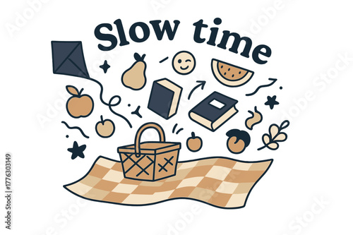 Colorful Picnic Vibes. Picnic on the grass. A checkered blanket opens like a smile as fruit and books float into place; ?Slow time? curls above. A kite string