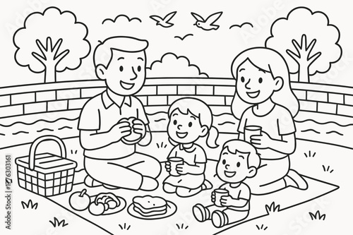 Family Picnic Scene. Picnic by the embankment children?s coloring book illustration, outlined drawing, smiling family having a picnic on the grass beside a