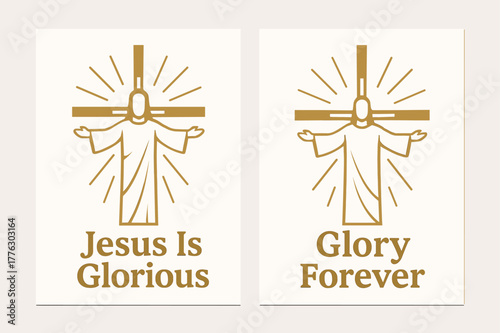 Radiant Christ Banners. Glory of Christ. Two vertical A6 banners with safe margins, centered composition, no elements touching edges, flat vector design, white