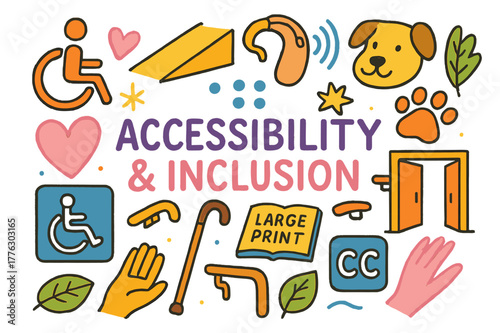 Inclusion Icons Collection. Accessibility & Inclusion. Colorful Hand-drawn doodle Children illustration Accessibility & Inclusion wheelchair icon, ramp,