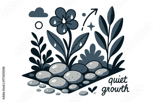 Pebble Garden Serenity. Pebble ? Garden Corner. Pebbles line a flower bed with soft shadows; droplets glint after rain. Label ?quiet growth? in small script