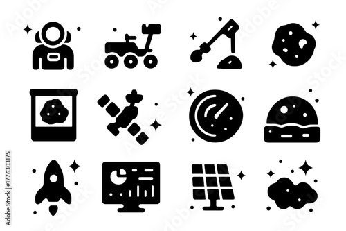 Space Icons Grid. Space exploration and meteorites. Solid icons set of Space exploration and meteorites: astronaut, rover, sample arm, meteorite
