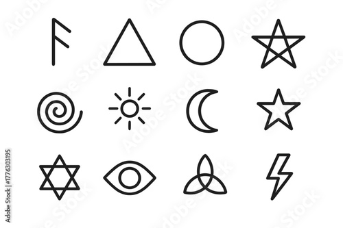 Esoteric Icons Grid. Esoteric signs. Line icon set of esoteric signs: elder futhark rune, triangle symbol, circle symbol, pentagram, spiral, sun symbol, moon