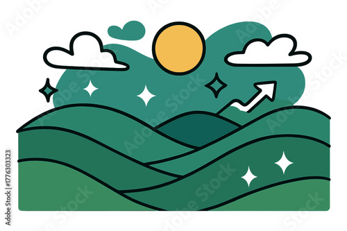 Tranquil Hillscape Illustration. Rolling hills. Scenic landscape with undulating green hills under blue sky, abstract floating clouds, sun, and sparkles;