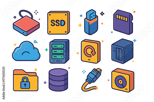 Colorful Data Storage Icons. Digital data storage. Colorful isometric vector icons set of Digital data storage: external hard drive, SSD, USB flash drive,