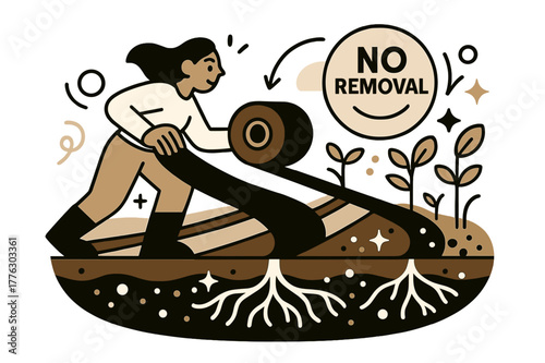 Biodegradable Mulch Bliss. Agrifilm & soil health. Biodegradable mulch rolls across a field; ?No removal? badge shines. Roots weave happily as microbes sparkle