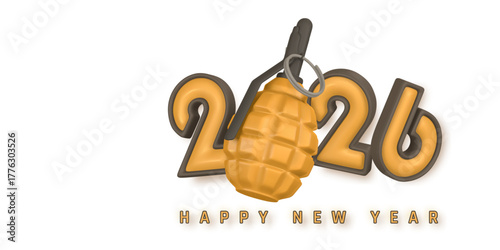 Modern 2026 Happy New Year Design With A Golden Grenade Replacing Zero, Symbolizing Power, Change, And Impact. Creative Festive Concept In 3D Style. Vector Illustration