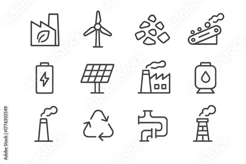 Renewable Energy Icons. Renewable energy. Line outline icon set of renewable energy: biomass plant, turbine,