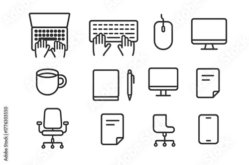 Office Icon Set. Hands on laptop keyboard. Line outline icon set of hands on laptop keyboard in the office:
