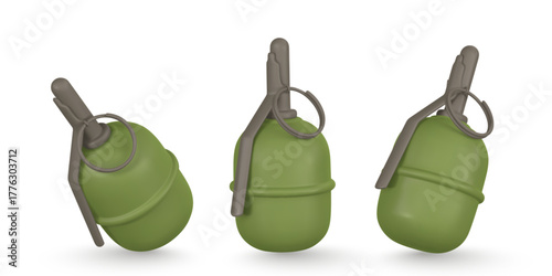 Realistic Military Hand Grenade Set In Green Color. Detailed Tactical Weapon Equipment Design For Army, Game, Or Combat Concept Art. Vector Illustration