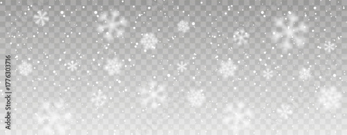 Falling Snowflakes On Transparent Background With Soft Glow And Light Bokeh Effect. Winter Christmas Snowfall Design. Vector Illustration