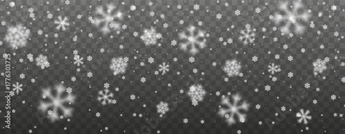 Realistic Falling Snowflakes On Transparent Background With Soft Glow And Bokeh Effect. Winter Christmas Snowfall Overlay For Design And Decoration. Vector Illustration