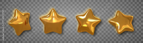 Golden 3D Stars With Glossy Shine And Realistic Metallic Texture On Transparent Background. Elegant Luxury Decoration For Celebration, Award, Or Holiday Design. Vector Illustration