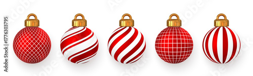 Red And White Christmas Balls With Golden Caps On White Background. Elegant Festive Decoration For Holiday Design, Greeting Cards, And Winter Celebration Projects. Vector Illustration