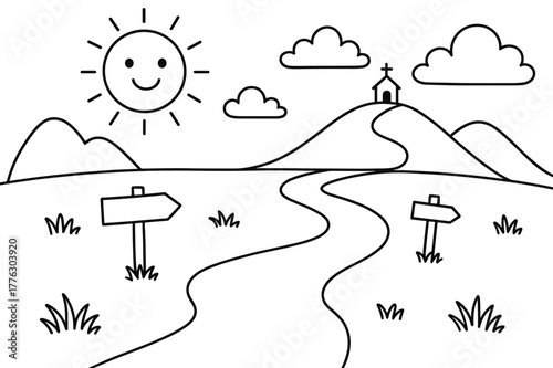 Sunny Pilgrimage Path. Pilgrimages and spiritual travel children?s coloring book illustration, outlined drawing, a friendly path winding toward a distant hill