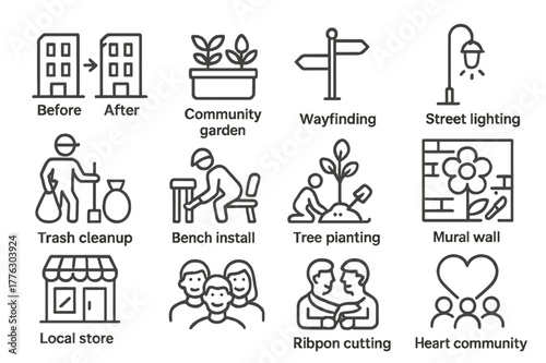 Neighborhood Revitalization Icons. Neighborhood Revitalization. Line icon set of Neighborhood Revitalization: before after buildings, community garden,