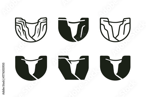 Highlining Logo Variations. Highlining. Set Logo of Highlining: webbing span over canyon. harmonious logo variations of the same emblematic concept, each with