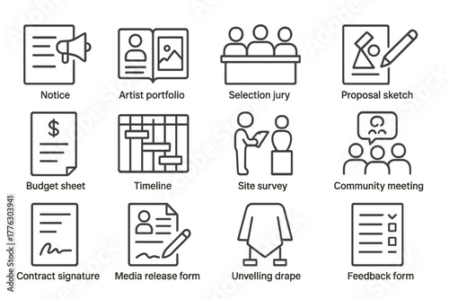Public Art Icons. Public Art Curation. Line icon set of Public Art Curation: open call notice, artist portfolio, selection jury, proposal sketch, budget sheet,