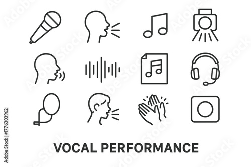 Vocal Performance Icons. Vocal Performance. Line icon set of Vocal Performance: microphone, singer silhouette, music notes, stage light, vocal warmup, sound