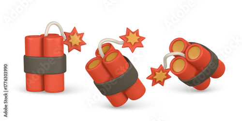 Explosive Dynamite Sticks With Burning Fuse And Cartoon Star Sparks In 3D Style. Fun Toy Like Red Bomb Icon For Game, App, Or Animation Design. Vector Illustration