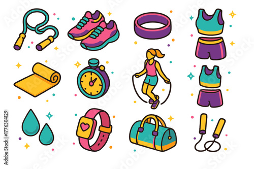 Colorful Jump Rope Icons. Jump rope workout. Colorful isometric vector icons set of jump rope workout: skipping rope, sneakers, sweatband, water bottle, gym