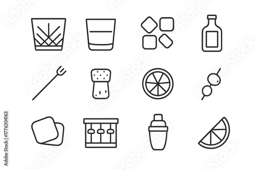 Fine Spirits Icons. Fine spirits. Line icon set of fine spirits: crystal glass, whiskey glass, ice cubes, bottle, cocktail stirrer, cork, lemon slice, olive,