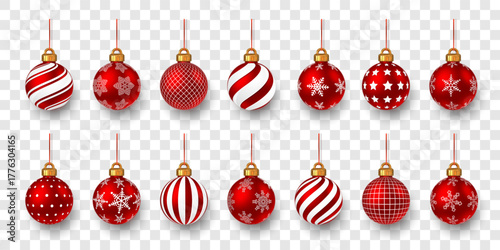 Red Christmas Balls Set With Decorative Patterns And Gold Caps On Transparent Background. Festive Winter Holiday Ornament Collection For Design And Decoration. Vector Illustration