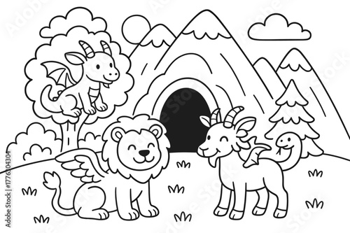 Mythical Chimera Haven. Mythical habitats children?s coloring book illustration, outlined drawing, a soft mountain landscape with a cave and trees where