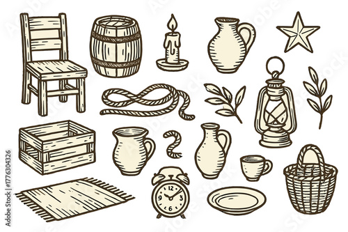 Rustic Vintage Icons. Rustic vintage style. Hand-drawn doodle illustration Rustic vintage style wooden chair, barrel, crate, candle, jug, rope, basket, branch,