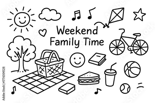 Family Picnic Doodles. Weekend family time. Hand-drawn doodle illustration Weekend family time picnic basket, park tree, sun, kite, ball, bicycle, sandwich,