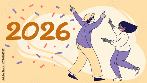 Two people celebrating the arrival of the year 2026 with confetti