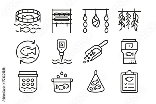 Sustainable Aquaculture Icons. Sustainable Aquaculture. Line icon set of Sustainable Aquaculture: fish farm pen, oyster rack, mussel longline, seaweed rope,