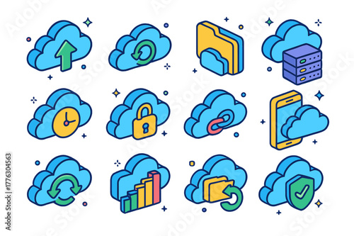 Colorful Cloud Storage Icons. Cloud storage systems. Colorful isometric vector icons set of Cloud storage systems: cloud upload arrow, sync icon, data folder,