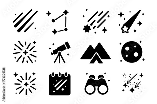 Meteor Shower Icons. Meteor showers. Solid icons set of Meteor showers: streaking meteors, constellation, night sky, shooting star, radiant point, telescope,