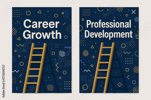 Career Growth & Development. Career. Two vertical A6 banners with safe margins, centered composition, no elements touching edges, memphis, navy and gold,
