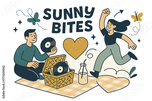 Vintage Picnic Charm. Vintage picnic. A wicker basket opens to vinyls and lemonade; a checkered blanket becomes a big soft heart. ?Sunny bites? floats as