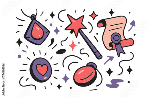 Magical Enchanted Artifacts. Floating artifacts. Glowing enchanted objects like amulets, wands, and scrolls