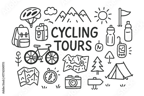 Cycling Tour Essentials. Cycling Tours. Hand-drawn doodle illustration of Cycling Tours in remote and