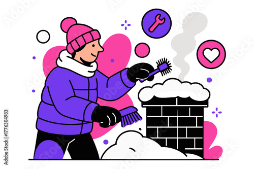 Winter Chimney Upkeep. Chimney Maintenance in Winter. A figure in a warm jacket brushes snow off the bricks, smoke curling beside. Floating icons show wrench,