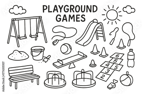 Playground Doodle Icons. Playground games. Hand-drawn doodle illustration playground games swing set, slide, seesaw, sandbox bucket, ball, jump rope, cones,
