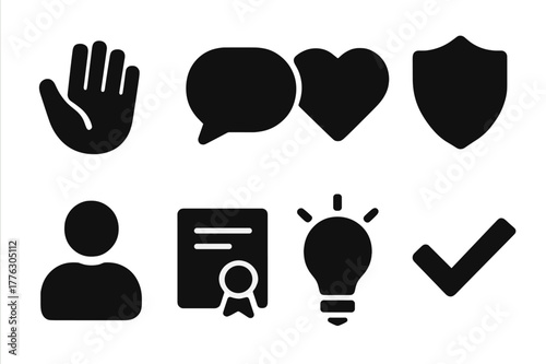 Honesty Icons Collection. Honesty. Filled icon set of honesty: open hand, speech bubble, heart, shield, person