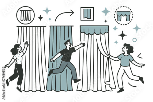 Glowing Drapes Display. Curtain styles. A display of glowing drapes in different folds and textures, abstract